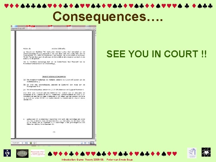  Consequences…. SEE YOU IN COURT !! Introduction Game Theory 2008 -09. Peter van