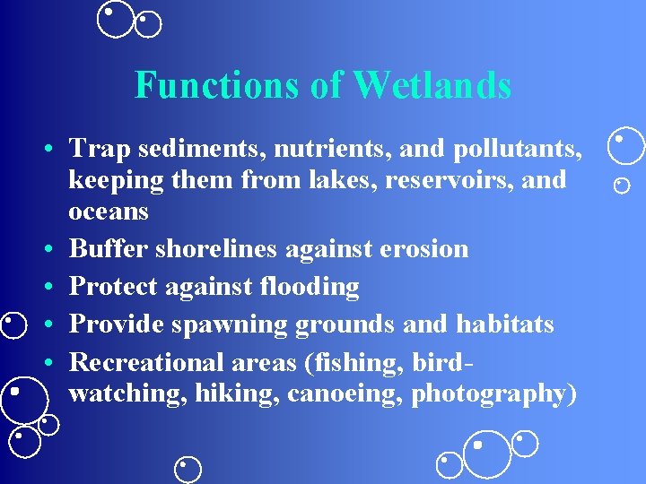 Functions of Wetlands • Trap sediments, nutrients, and pollutants, keeping them from lakes, reservoirs,