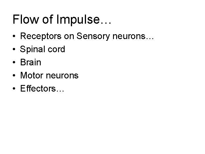Flow of Impulse… • • • Receptors on Sensory neurons… Spinal cord Brain Motor