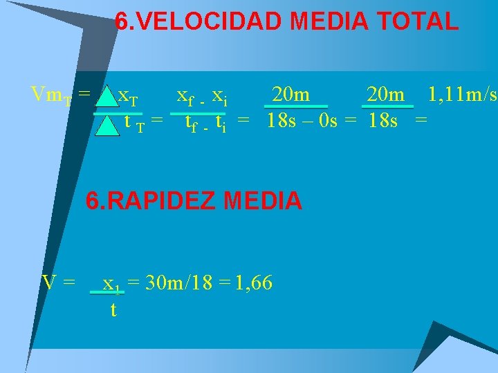 6. VELOCIDAD MEDIA TOTAL Vm. T = x. T xf - xi 20 m