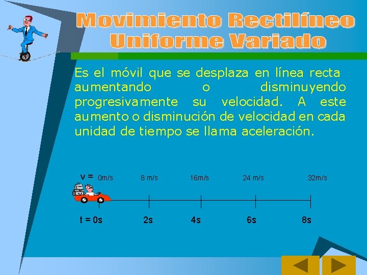 Es el móvil que se desplaza en línea recta aumentando o disminuyendo progresivamente su