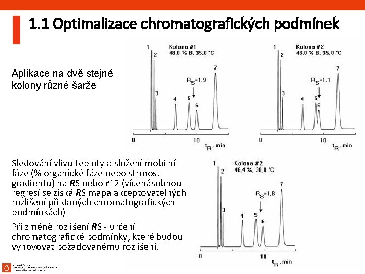 1. 1 Optimalizace chromatografických podmínek Aplikace na dvě stejné kolony různé šarže Sledování vlivu