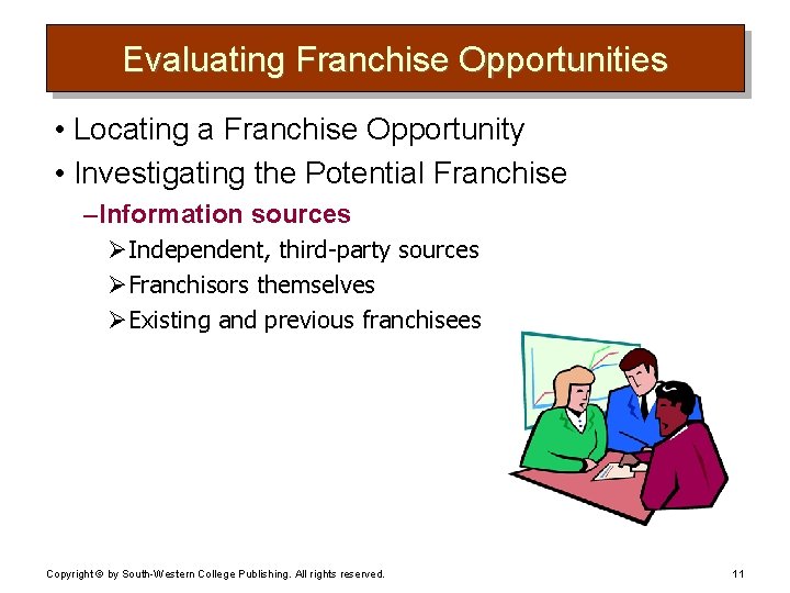 Evaluating Franchise Opportunities • Locating a Franchise Opportunity • Investigating the Potential Franchise –