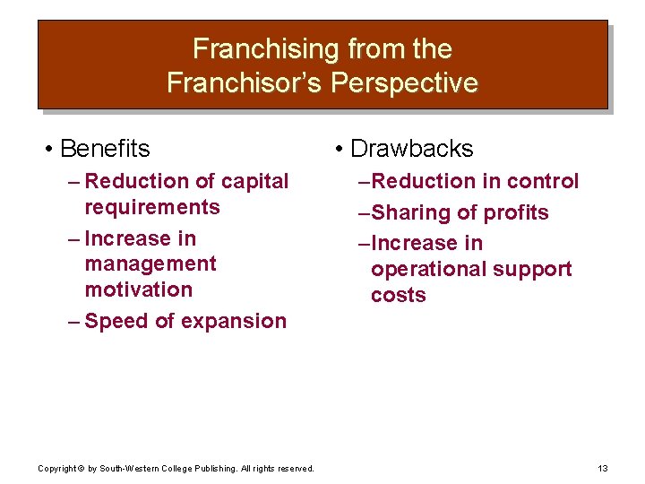 Franchising from the Franchisor’s Perspective • Benefits – Reduction of capital requirements – Increase