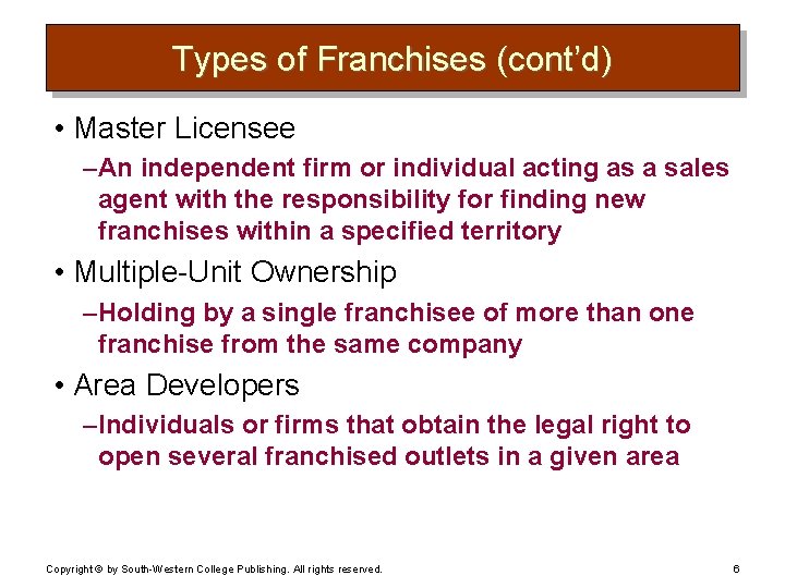 Types of Franchises (cont’d) • Master Licensee – An independent firm or individual acting