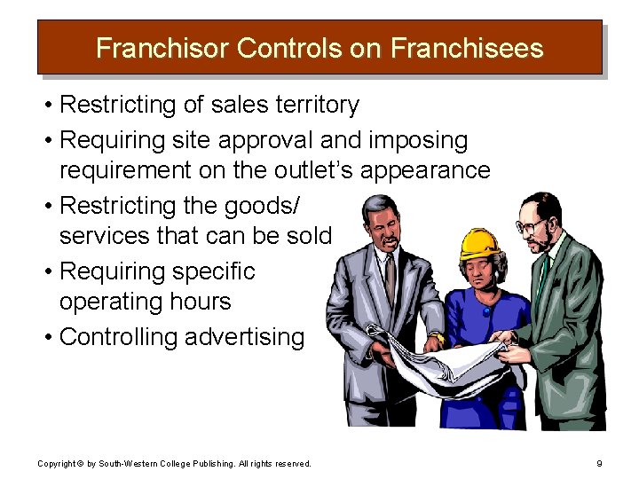 Franchisor Controls on Franchisees • Restricting of sales territory • Requiring site approval and
