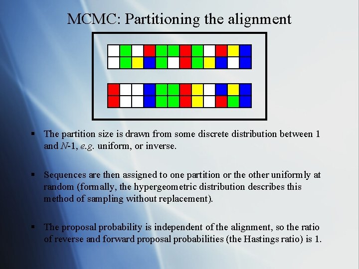 MCMC: Partitioning the alignment § The partition size is drawn from some discrete distribution