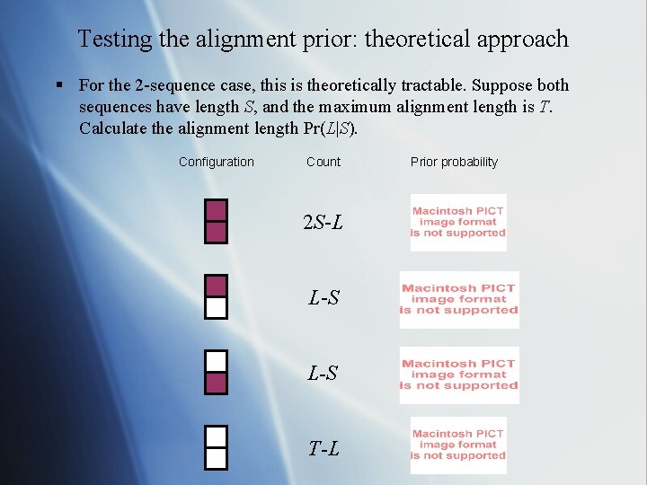 Testing the alignment prior: theoretical approach § For the 2 -sequence case, this is