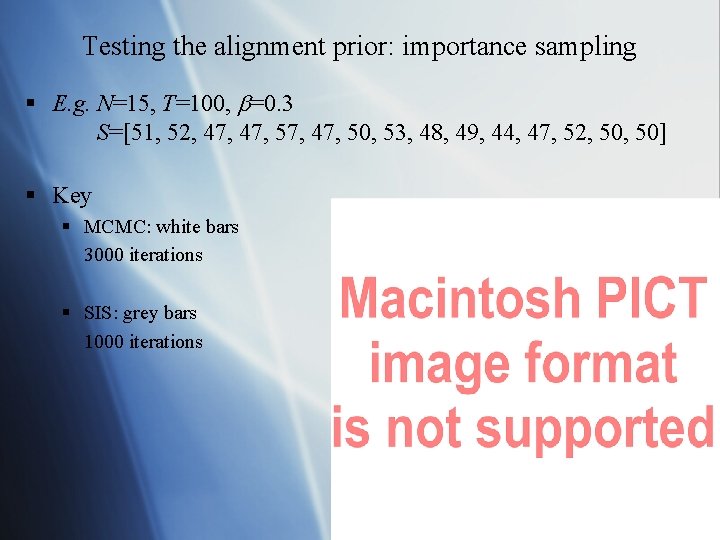 Testing the alignment prior: importance sampling § E. g. N=15, T=100, =0. 3 S=[51,