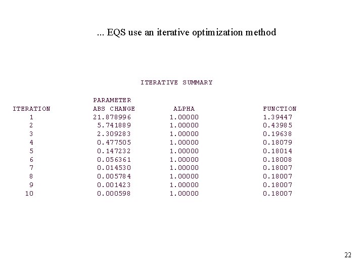 . . . EQS use an iterative optimization method ITERATIVE SUMMARY ITERATION 1 2