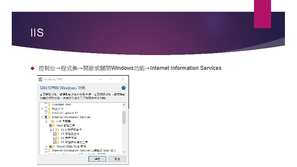 IIS 控制台→程式集→開啟或關閉Windows功能→Internet Information Services 