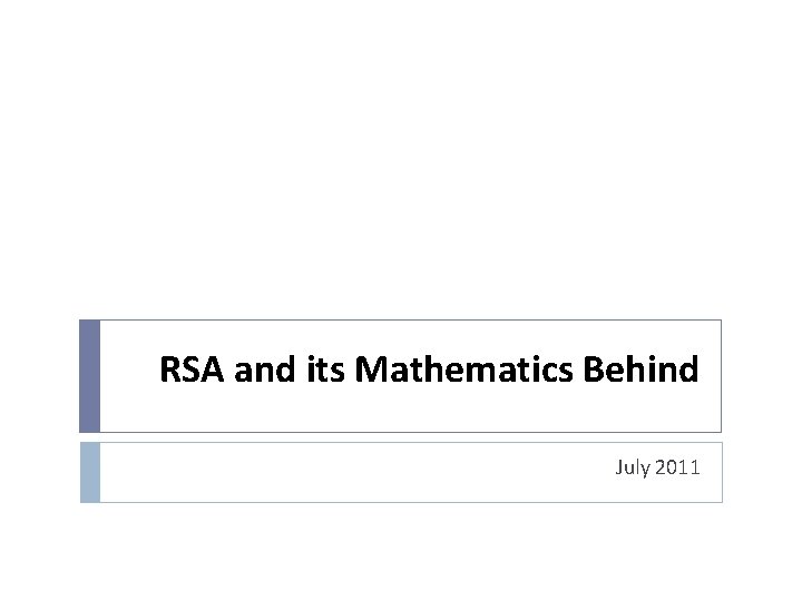 RSA and its Mathematics Behind July 2011 
