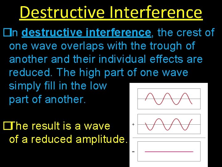 Destructive Interference �In destructive interference, the crest of one wave overlaps with the trough
