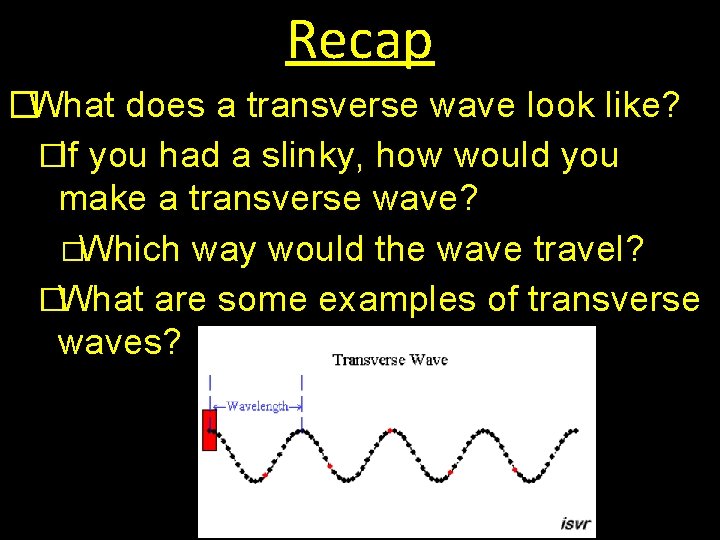 Recap �What does a transverse wave look like? �If you had a slinky, how