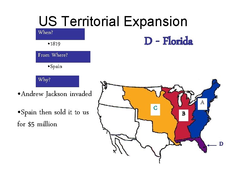 US Territorial Expansion When? • 1819 From Where? • Spain D - Florida Why?