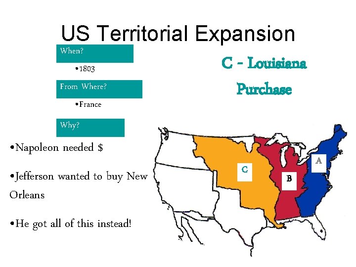US Territorial Expansion When? C - Louisiana • 1803 From Where? Purchase • France