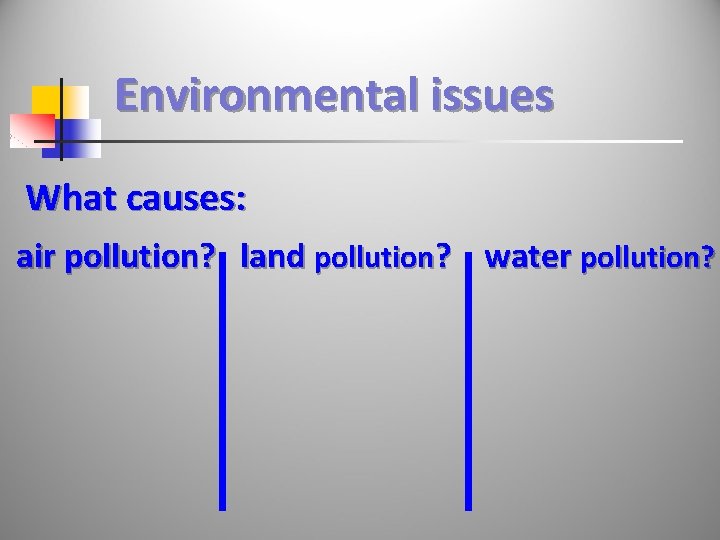 Environmental issues What causes: air pollution? land pollution? water pollution? 