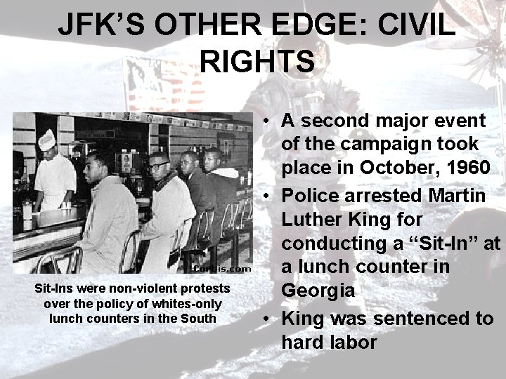 JFK’S OTHER EDGE: CIVIL RIGHTS Sit-Ins were non-violent protests over the policy of whites-only