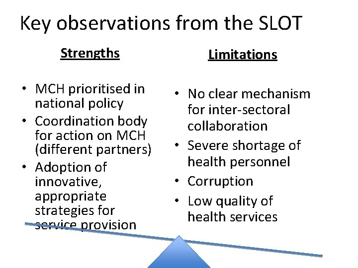 Key observations from the SLOT Strengths Limitations • MCH prioritised in national policy •