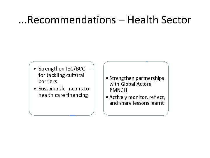 . . . Recommendations – Health Sector • Strengthen IEC/BCC for tackling cultural barriers