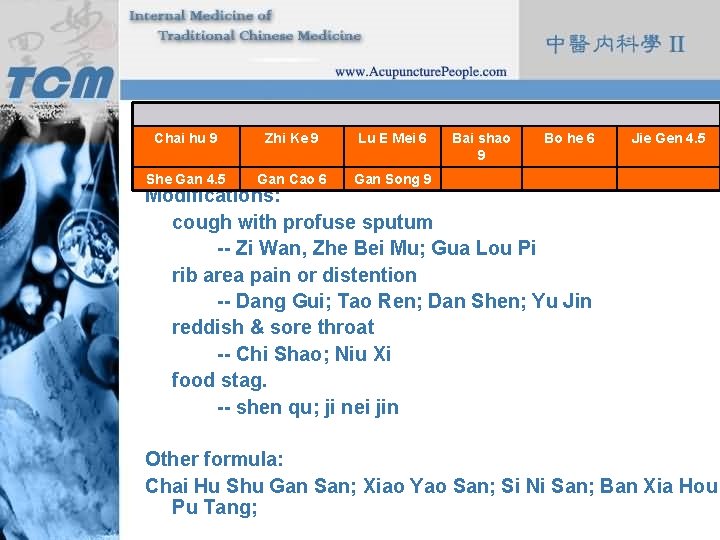 Formula: Chai hu 9 Zhi Ke 9 Lu E Mei 6 She Gan 4.