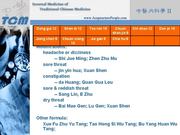 Dang gui 12 Formula: Shen di 12 Tao ren 15 Chuan shan jia 9