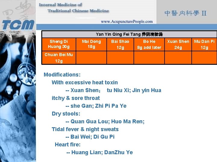 For Sheng Di mula: Huang 30 g Yan Yin Qing Fei Tang 养阴清肺汤 Mai