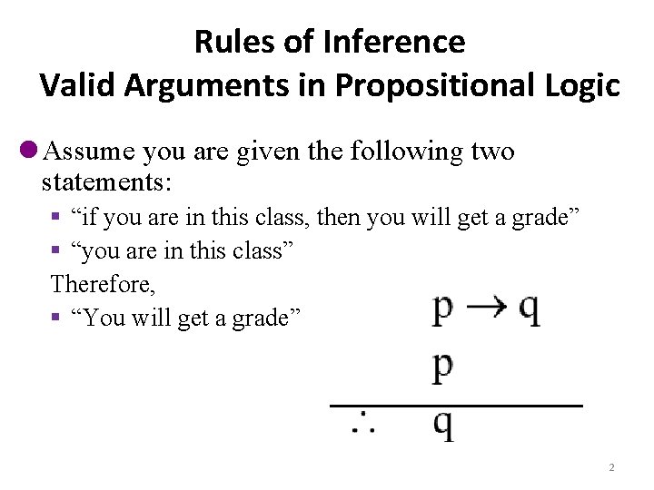 Rules of Inference Valid Arguments in Propositional Logic l Assume you are given the Rules of Inference Valid Arguments in Propositional Logic l Assume you are given the