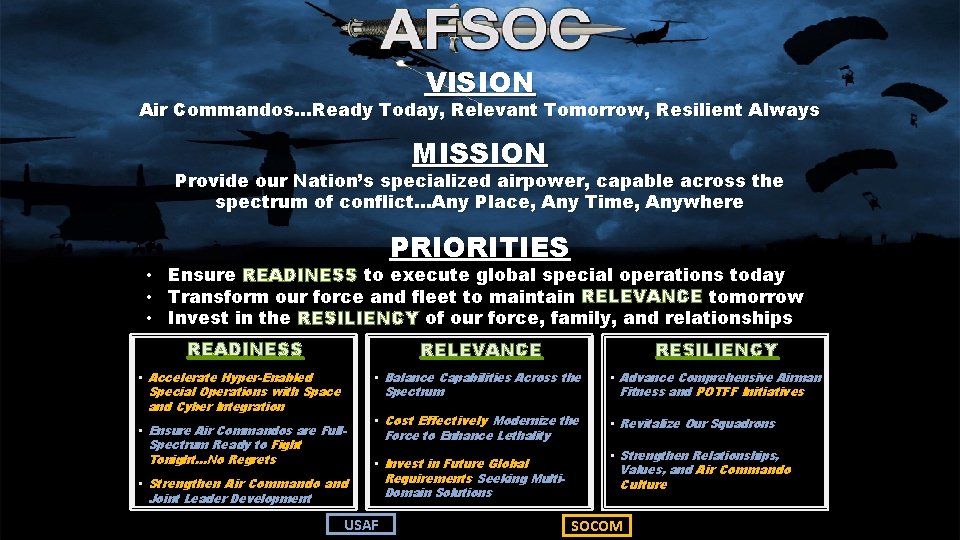 VISION Air Commandos…Ready Today, Relevant Tomorrow, Resilient Always MISSION Provide our Nation’s specialized airpower,