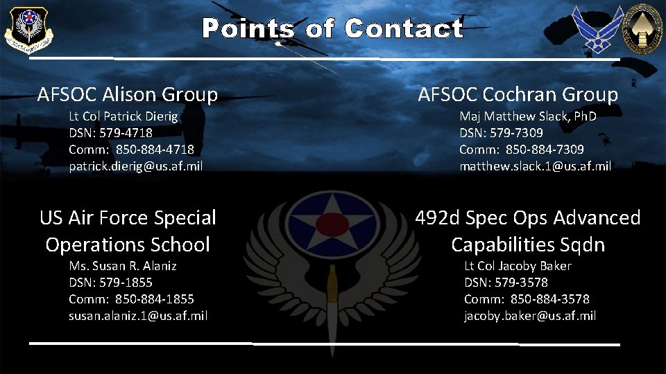 Points of Contact AFSOC Alison Group AFSOC Cochran Group US Air Force Special Operations