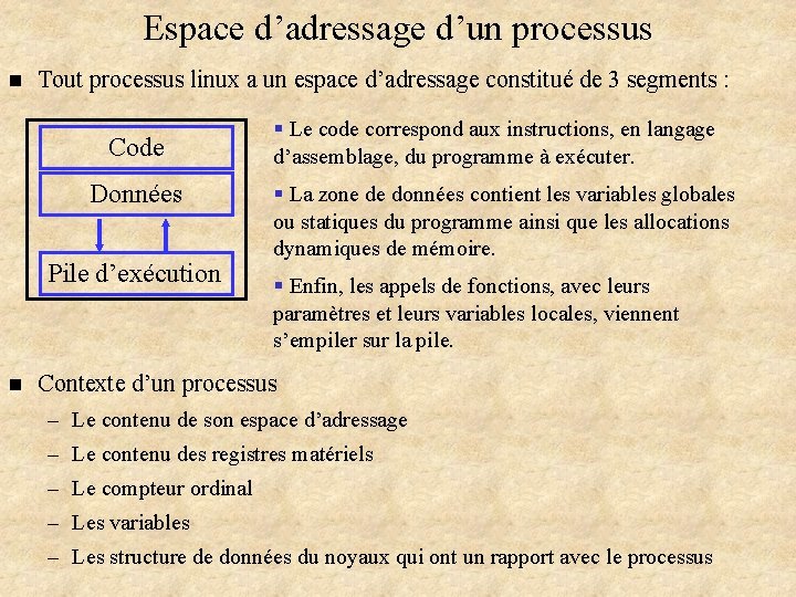 Espace d’adressage d’un processus n Tout processus linux a un espace d’adressage constitué de