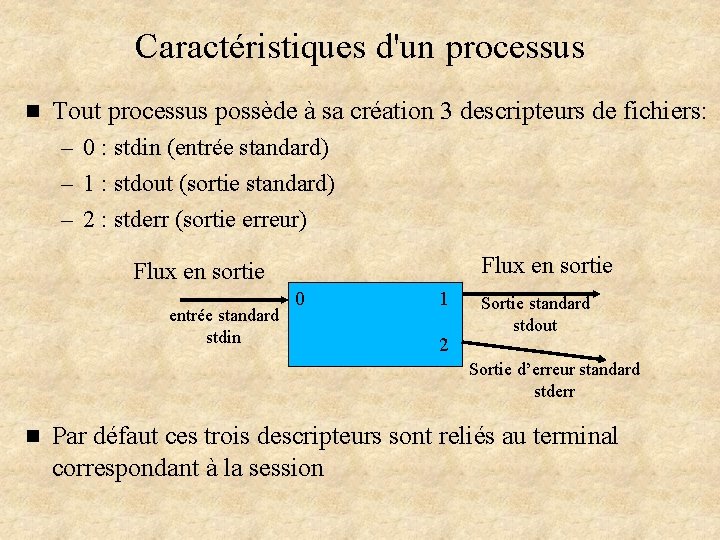 Caractéristiques d'un processus n Tout processus possède à sa création 3 descripteurs de fichiers: