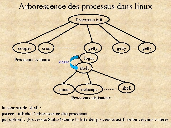 Arborescence des processus dans linux Processus init swaper cron Processus système ………. exec getty