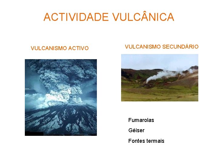 ACTIVIDADE VULC NICA VULCANISMO ACTIVO VULCANISMO SECUNDÁRIO Fumarolas Géiser Fontes termais 