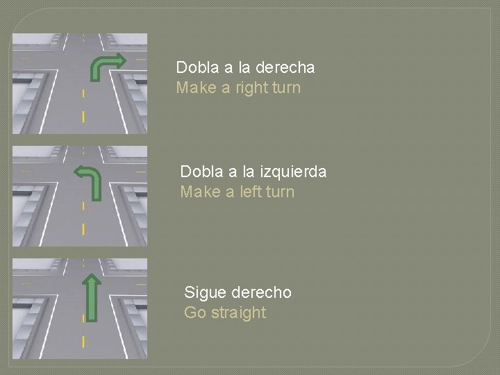 Dobla a la derecha Make a right turn Dobla a la izquierda Make a