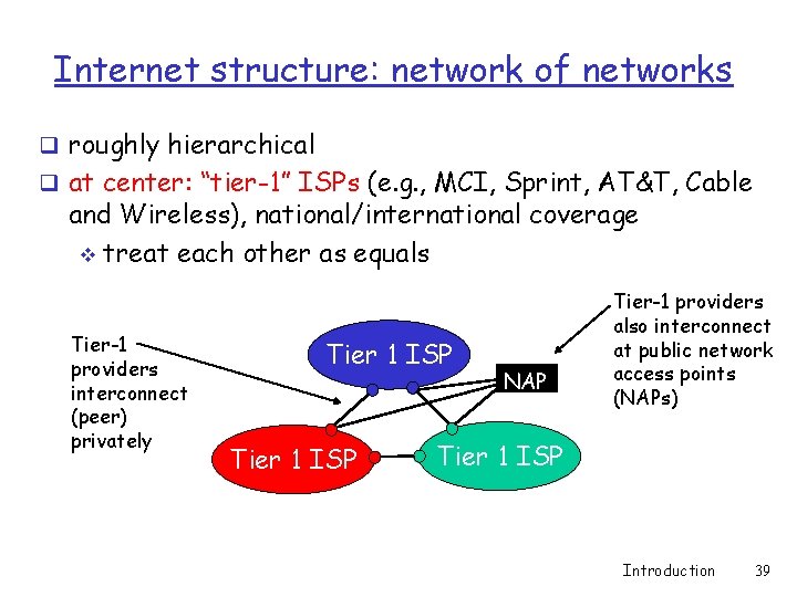 Internet structure: network of networks q roughly hierarchical q at center: “tier-1” ISPs (e.