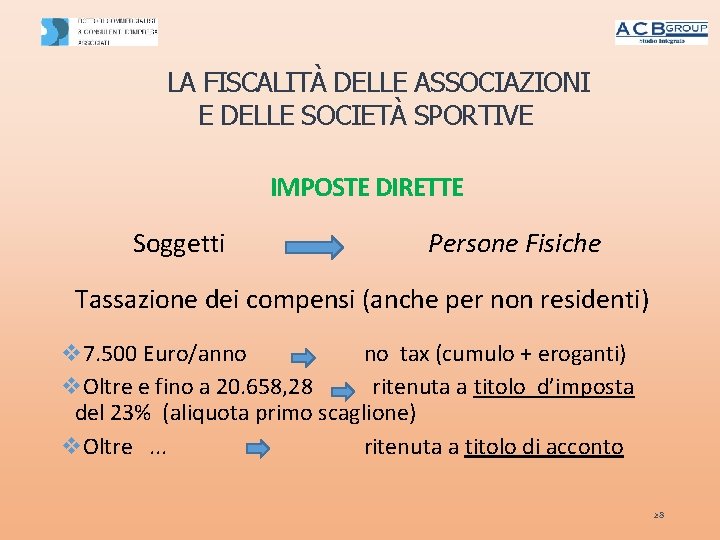 LA FISCALITÀ DELLE ASSOCIAZIONI E DELLE SOCIETÀ SPORTIVE IMPOSTE DIRETTE Soggetti Persone Fisiche Tassazione