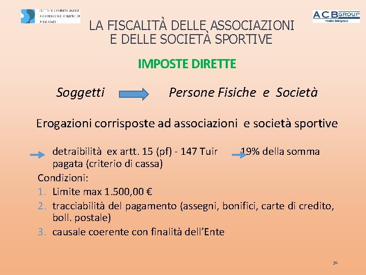 LA FISCALITÀ DELLE ASSOCIAZIONI E DELLE SOCIETÀ SPORTIVE IMPOSTE DIRETTE Soggetti Persone Fisiche e