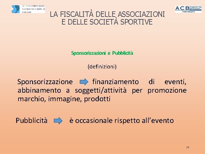 LA FISCALITÀ DELLE ASSOCIAZIONI E DELLE SOCIETÀ SPORTIVE Sponsorizzazioni e Pubblicità (definizioni) Sponsorizzazione finanziamento