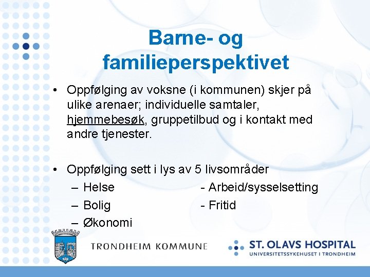 Barne- og familieperspektivet • Oppfølging av voksne (i kommunen) skjer på ulike arenaer; individuelle