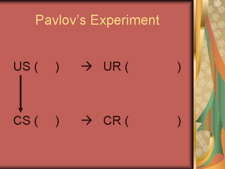 Pavlov’s Experiment US ( ) UR ( ) CS ( ) CR ( )