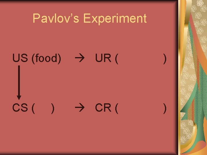 Pavlov’s Experiment US (food) UR ( ) CS ( CR ( ) ) 