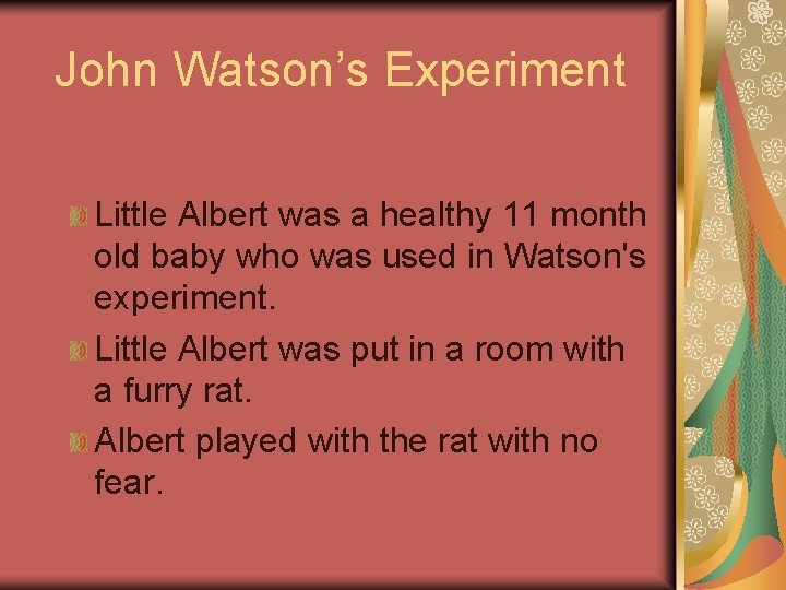John Watson’s Experiment Little Albert was a healthy 11 month old baby who was