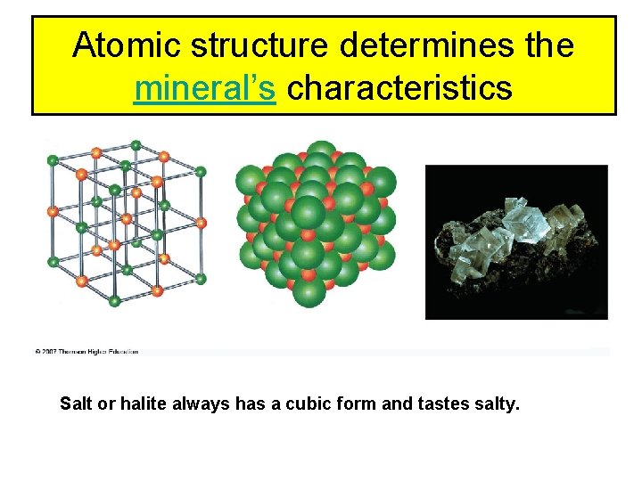 Atomic structure determines the mineral’s characteristics Salt or halite always has a cubic form