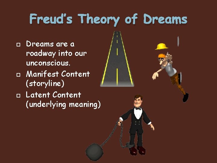 Freud’s Theory of Dreams are a roadway into our unconscious. Manifest Content (storyline) Latent