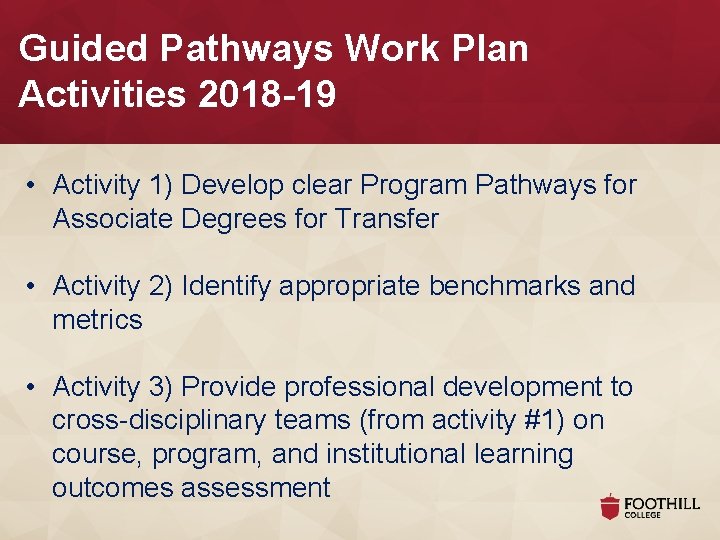 Guided Pathways Work Plan Activities 2018 -19 • Activity 1) Develop clear Program Pathways