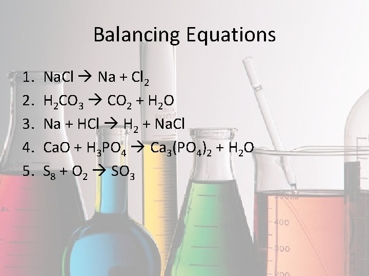 Balancing Equations 1. 2. 3. 4. 5. Na. Cl Na + Cl 2 H