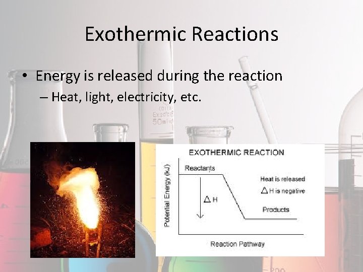 Exothermic Reactions • Energy is released during the reaction – Heat, light, electricity, etc.