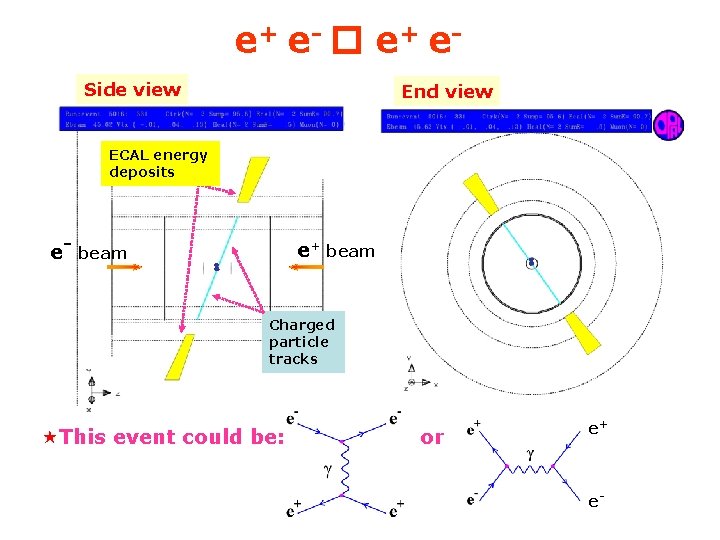 e+ e- e + e. Side view End view ECAL energy deposits e- e+
