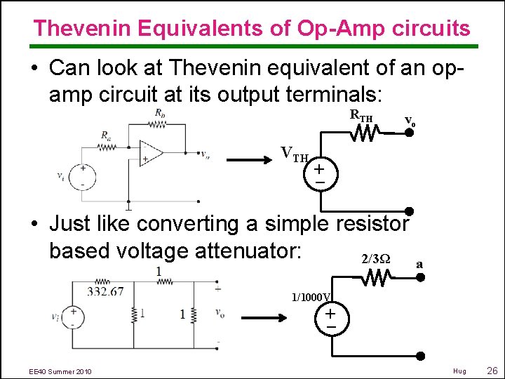 Thevenin Equivalents of Op-Amp circuits • Can look at Thevenin equivalent of an opamp